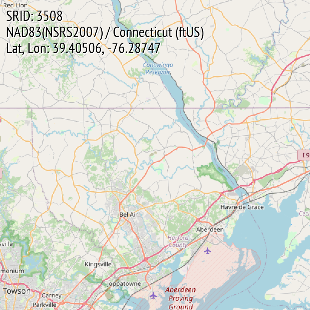 NAD83(NSRS2007) / Connecticut (ftUS) (SRID: 3508, Lat, Lon: 39.40506, -76.28747)