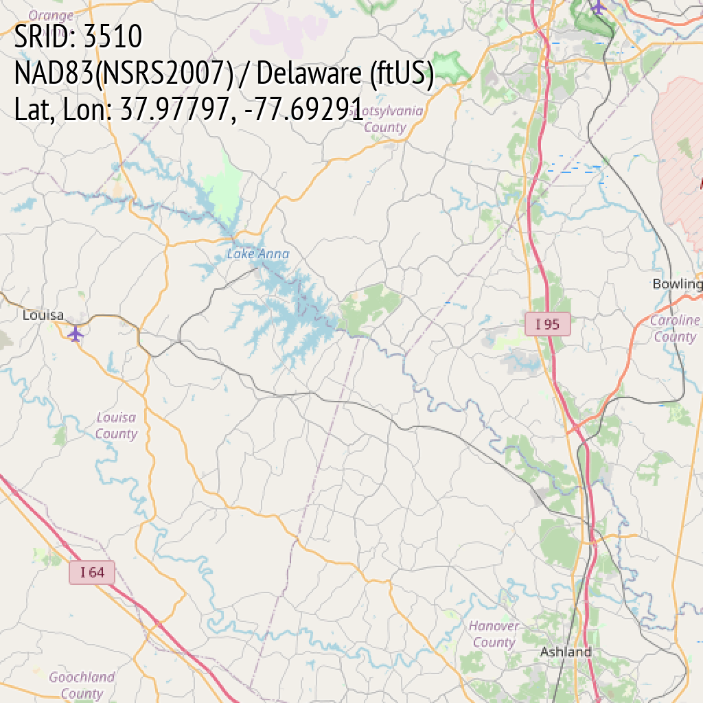 NAD83(NSRS2007) / Delaware (ftUS) (SRID: 3510, Lat, Lon: 37.97797, -77.69291)