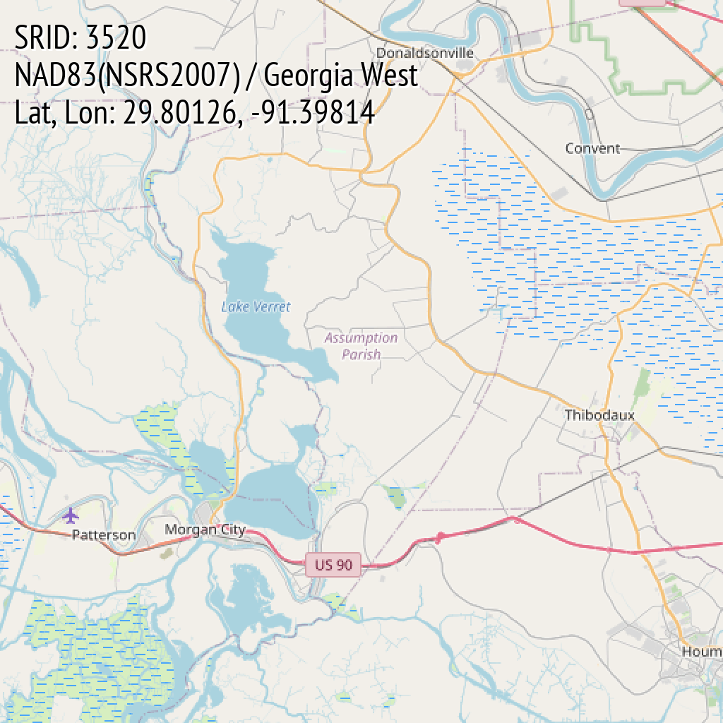 NAD83(NSRS2007) / Georgia West (SRID: 3520, Lat, Lon: 29.80126, -91.39814)