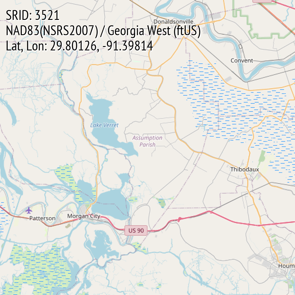 NAD83(NSRS2007) / Georgia West (ftUS) (SRID: 3521, Lat, Lon: 29.80126, -91.39814)