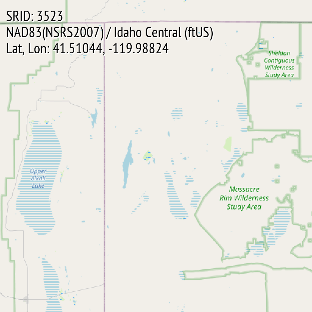 NAD83(NSRS2007) / Idaho Central (ftUS) (SRID: 3523, Lat, Lon: 41.51044, -119.98824)