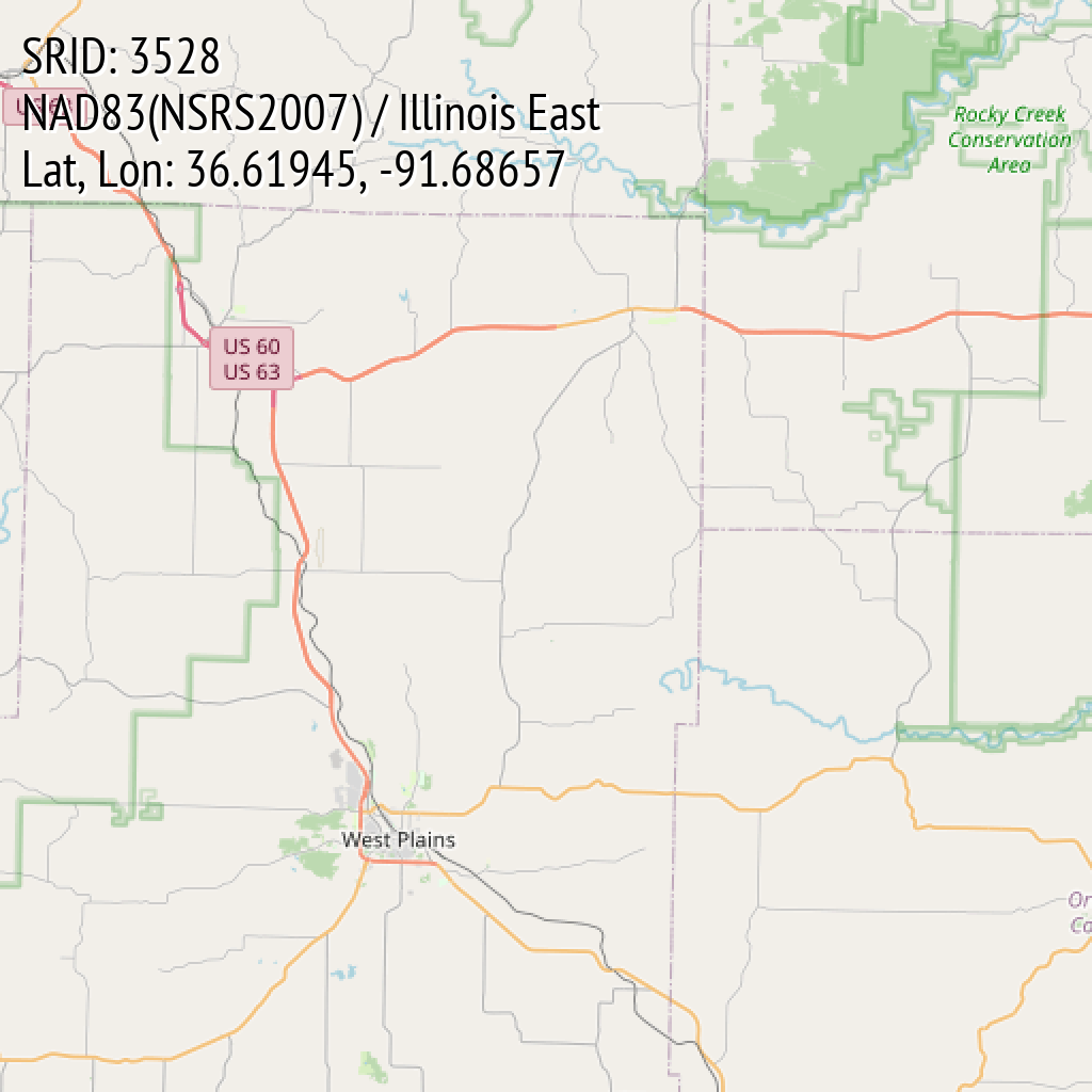 NAD83(NSRS2007) / Illinois East (SRID: 3528, Lat, Lon: 36.61945, -91.68657)