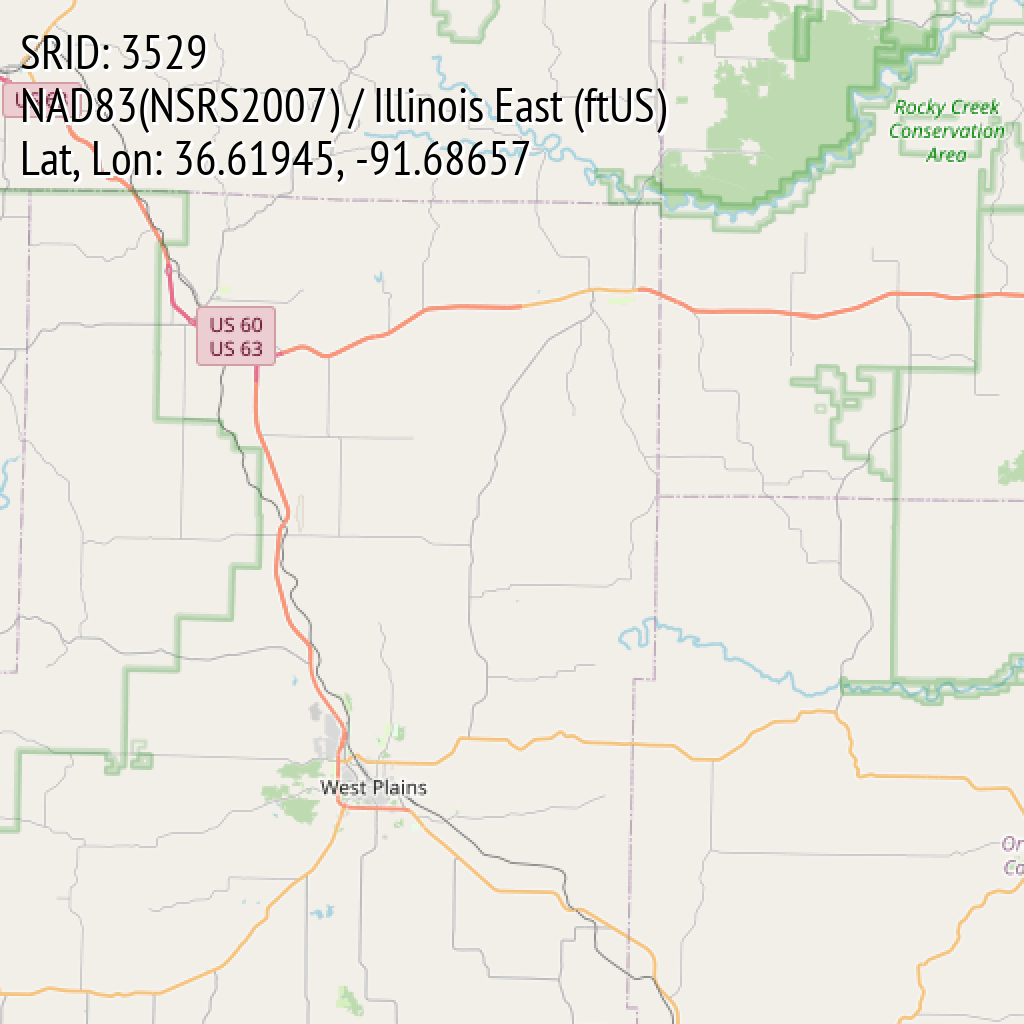 NAD83(NSRS2007) / Illinois East (ftUS) (SRID: 3529, Lat, Lon: 36.61945, -91.68657)