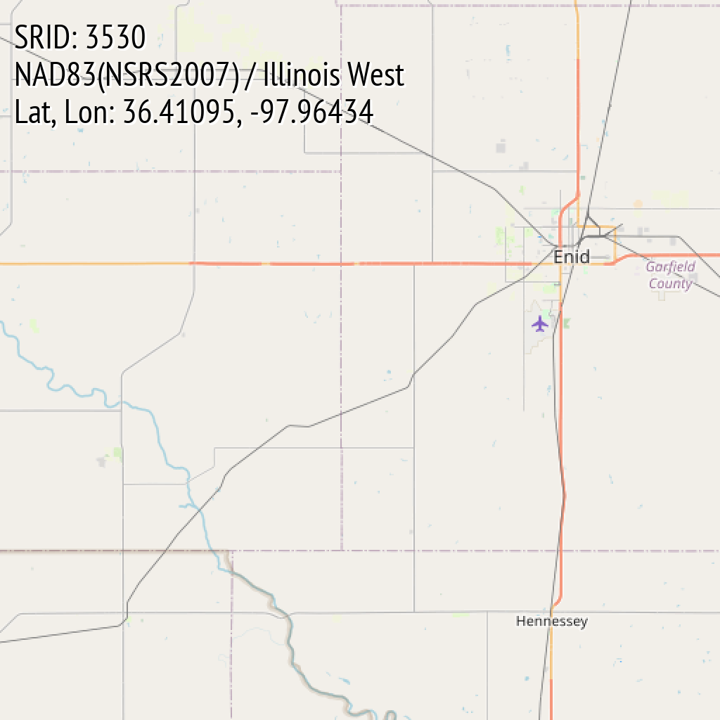 NAD83(NSRS2007) / Illinois West (SRID: 3530, Lat, Lon: 36.41095, -97.96434)