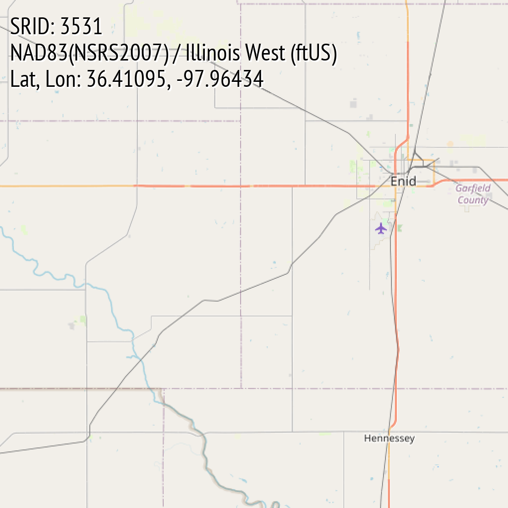 NAD83(NSRS2007) / Illinois West (ftUS) (SRID: 3531, Lat, Lon: 36.41095, -97.96434)