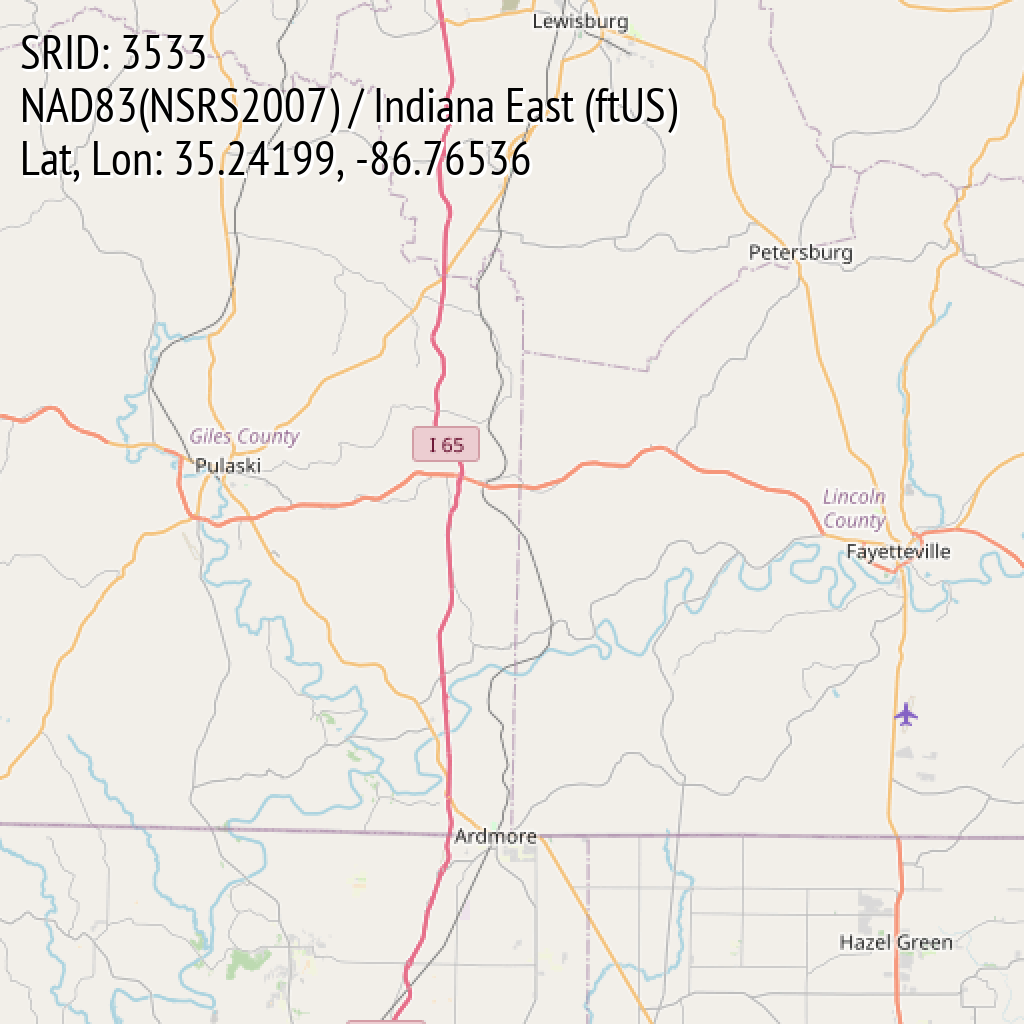 NAD83(NSRS2007) / Indiana East (ftUS) (SRID: 3533, Lat, Lon: 35.24199, -86.76536)
