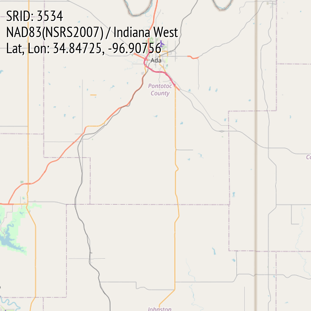 NAD83(NSRS2007) / Indiana West (SRID: 3534, Lat, Lon: 34.84725, -96.90756)
