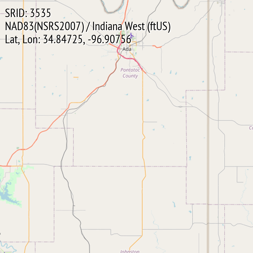 NAD83(NSRS2007) / Indiana West (ftUS) (SRID: 3535, Lat, Lon: 34.84725, -96.90756)