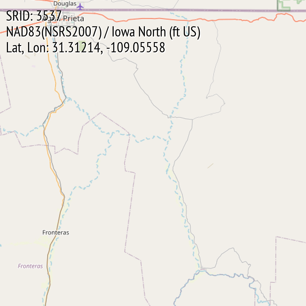 NAD83(NSRS2007) / Iowa North (ft US) (SRID: 3537, Lat, Lon: 31.31214, -109.05558)
