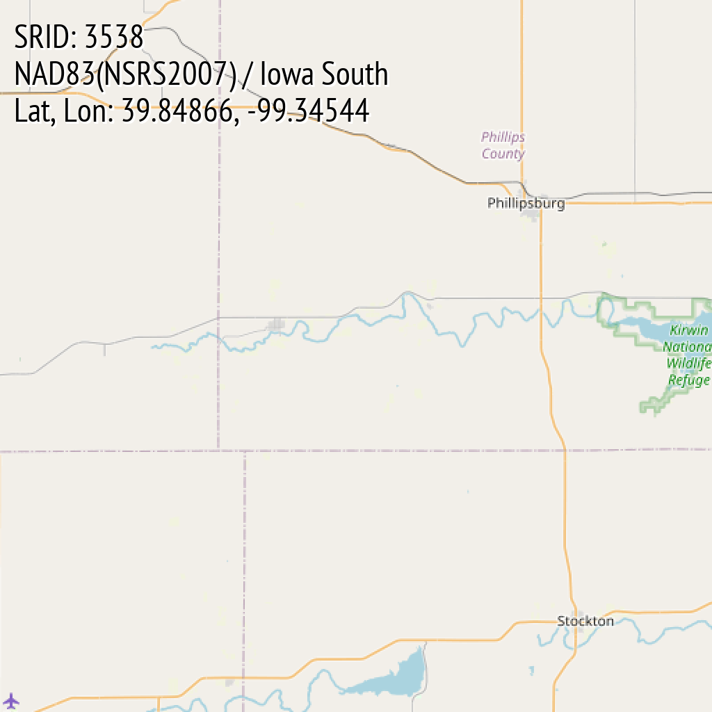 NAD83(NSRS2007) / Iowa South (SRID: 3538, Lat, Lon: 39.84866, -99.34544)