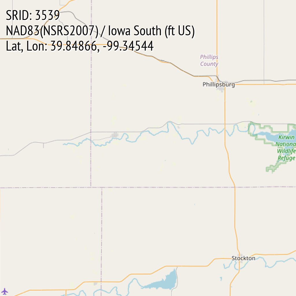NAD83(NSRS2007) / Iowa South (ft US) (SRID: 3539, Lat, Lon: 39.84866, -99.34544)