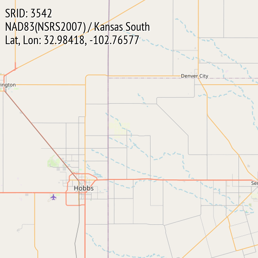 NAD83(NSRS2007) / Kansas South (SRID: 3542, Lat, Lon: 32.98418, -102.76577)