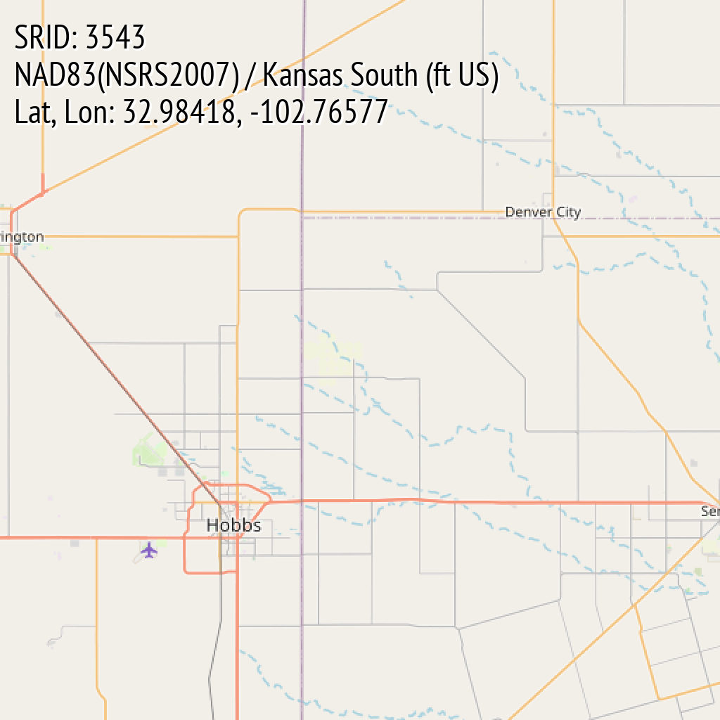 NAD83(NSRS2007) / Kansas South (ft US) (SRID: 3543, Lat, Lon: 32.98418, -102.76577)