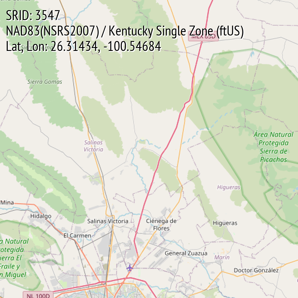 NAD83(NSRS2007) / Kentucky Single Zone (ftUS) (SRID: 3547, Lat, Lon: 26.31434, -100.54684)