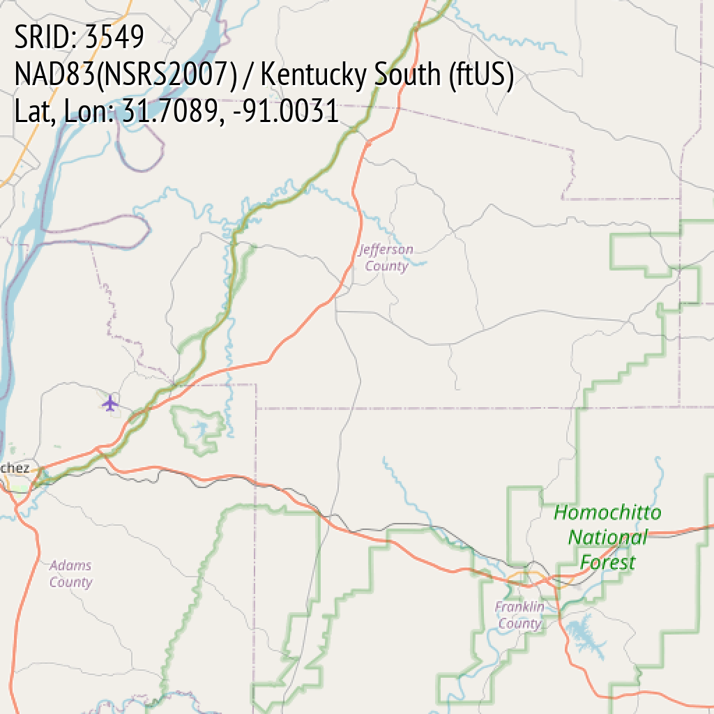 NAD83(NSRS2007) / Kentucky South (ftUS) (SRID: 3549, Lat, Lon: 31.7089, -91.0031)