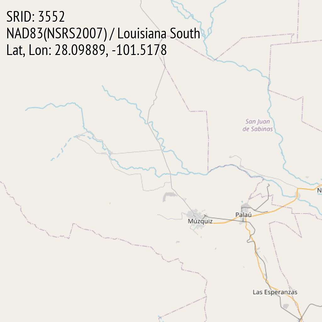 NAD83(NSRS2007) / Louisiana South (SRID: 3552, Lat, Lon: 28.09889, -101.5178)