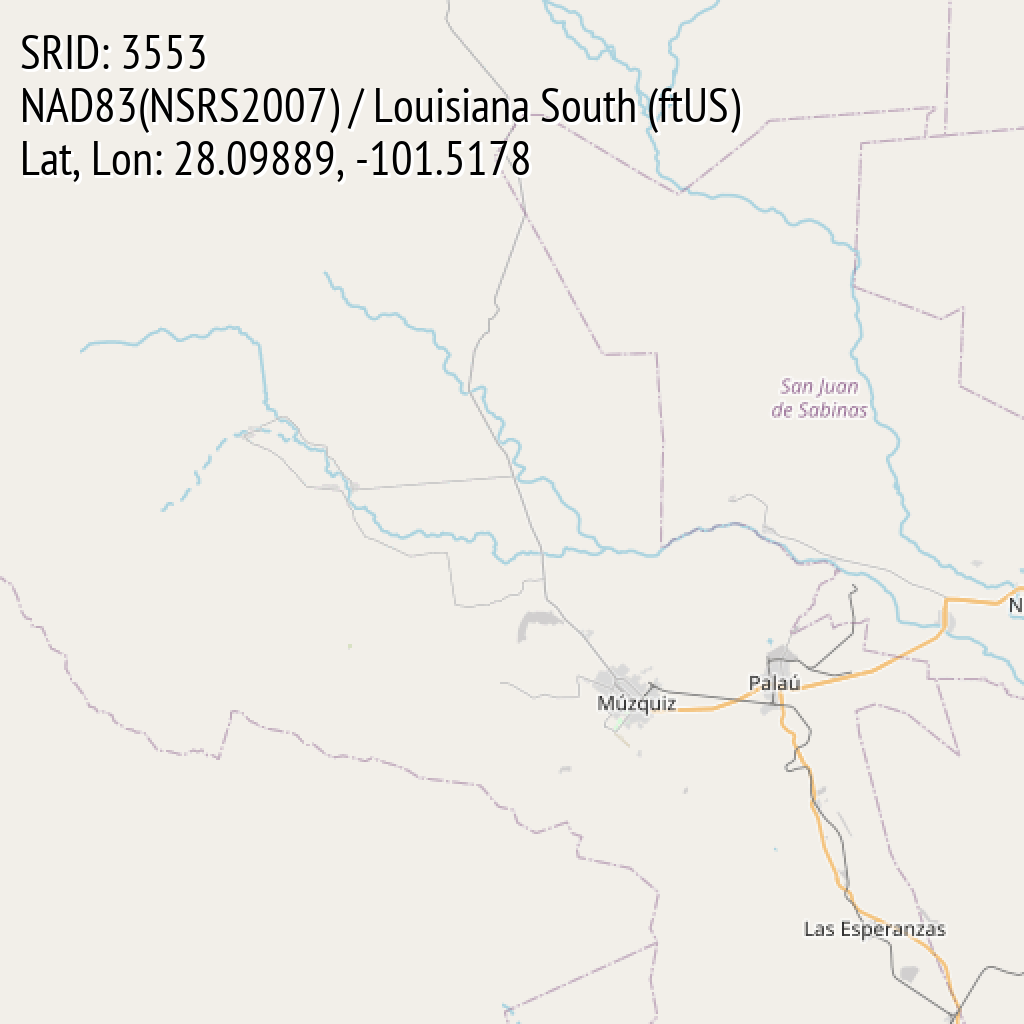 NAD83(NSRS2007) / Louisiana South (ftUS) (SRID: 3553, Lat, Lon: 28.09889, -101.5178)
