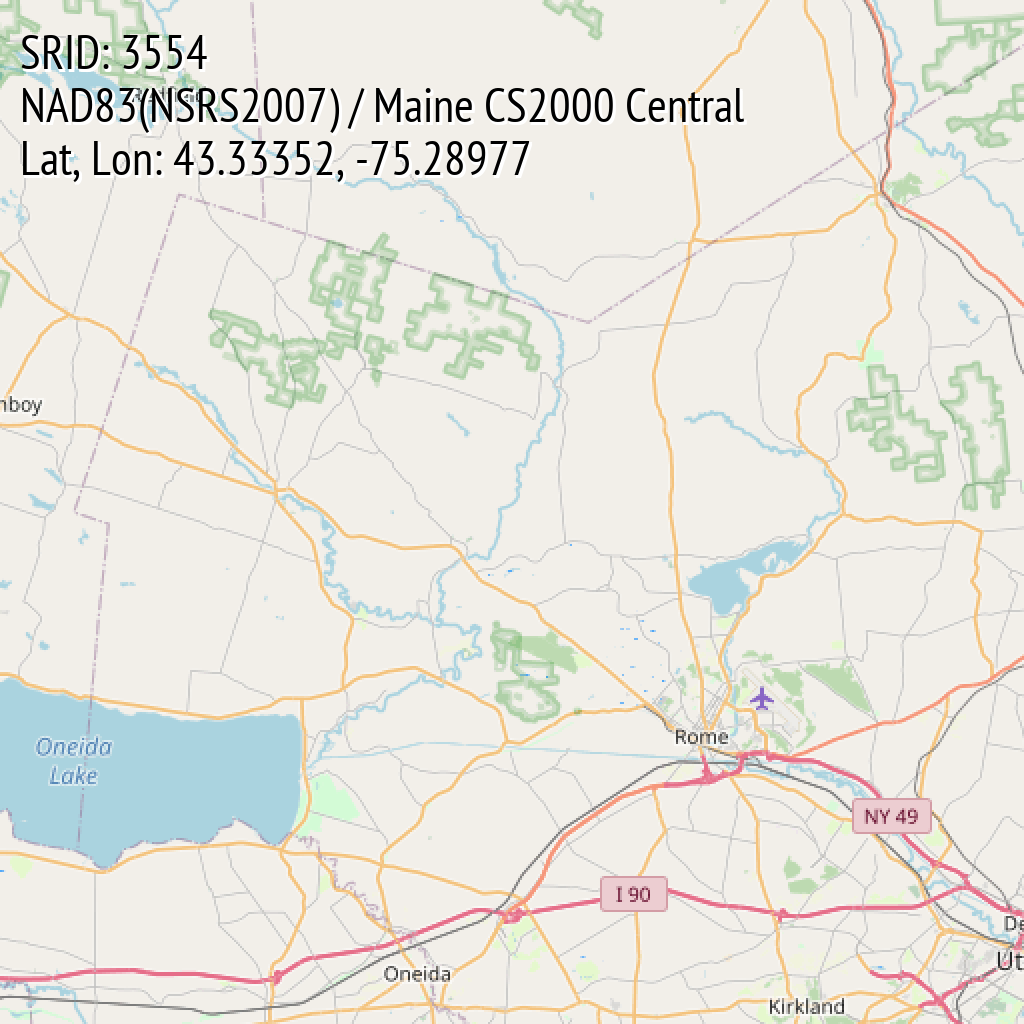 NAD83(NSRS2007) / Maine CS2000 Central (SRID: 3554, Lat, Lon: 43.33352, -75.28977)