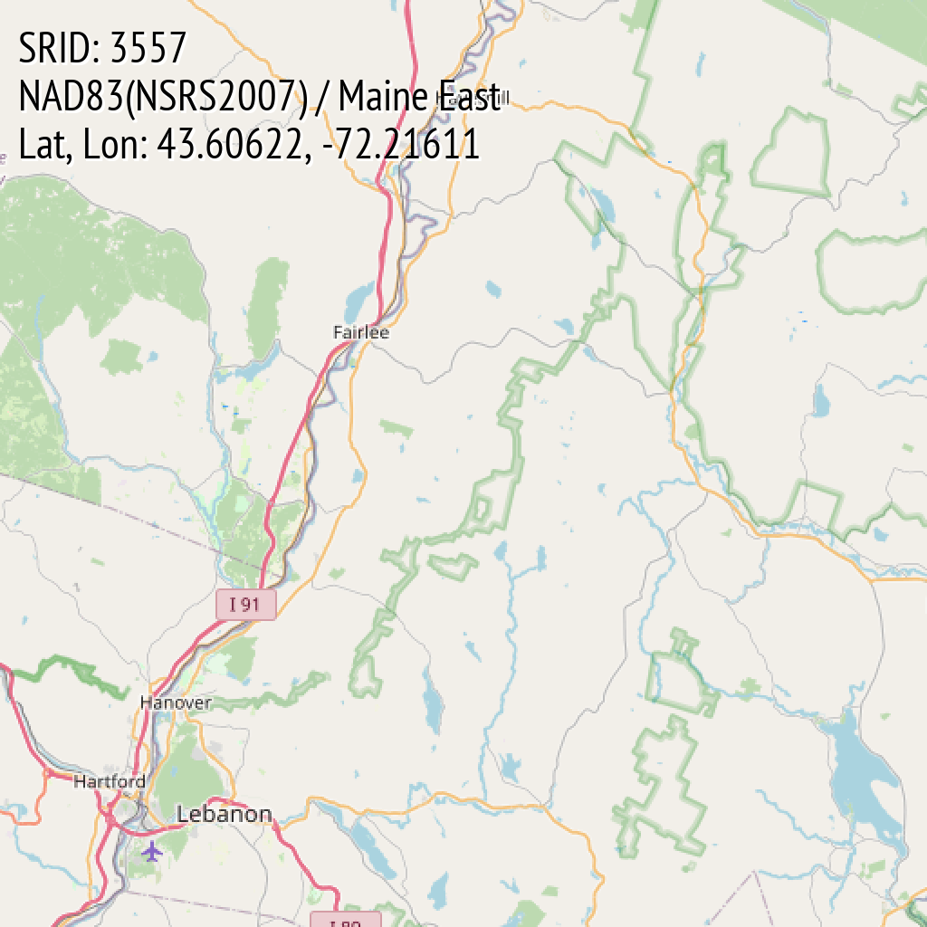 NAD83(NSRS2007) / Maine East (SRID: 3557, Lat, Lon: 43.60622, -72.21611)