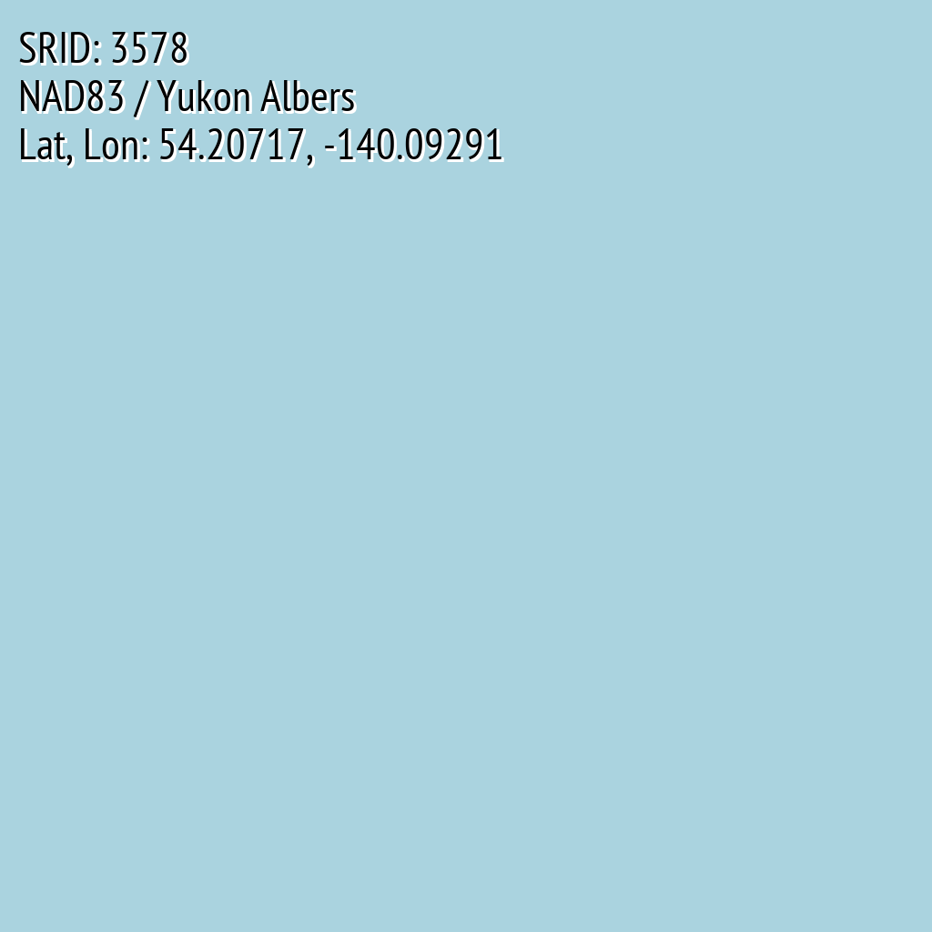 NAD83 / Yukon Albers (SRID: 3578, Lat, Lon: 54.20717, -140.09291)