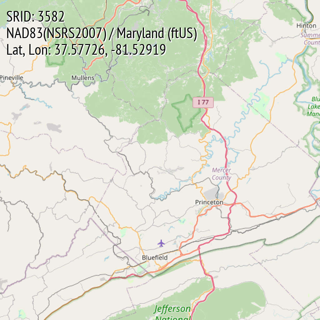 NAD83(NSRS2007) / Maryland (ftUS) (SRID: 3582, Lat, Lon: 37.57726, -81.52919)