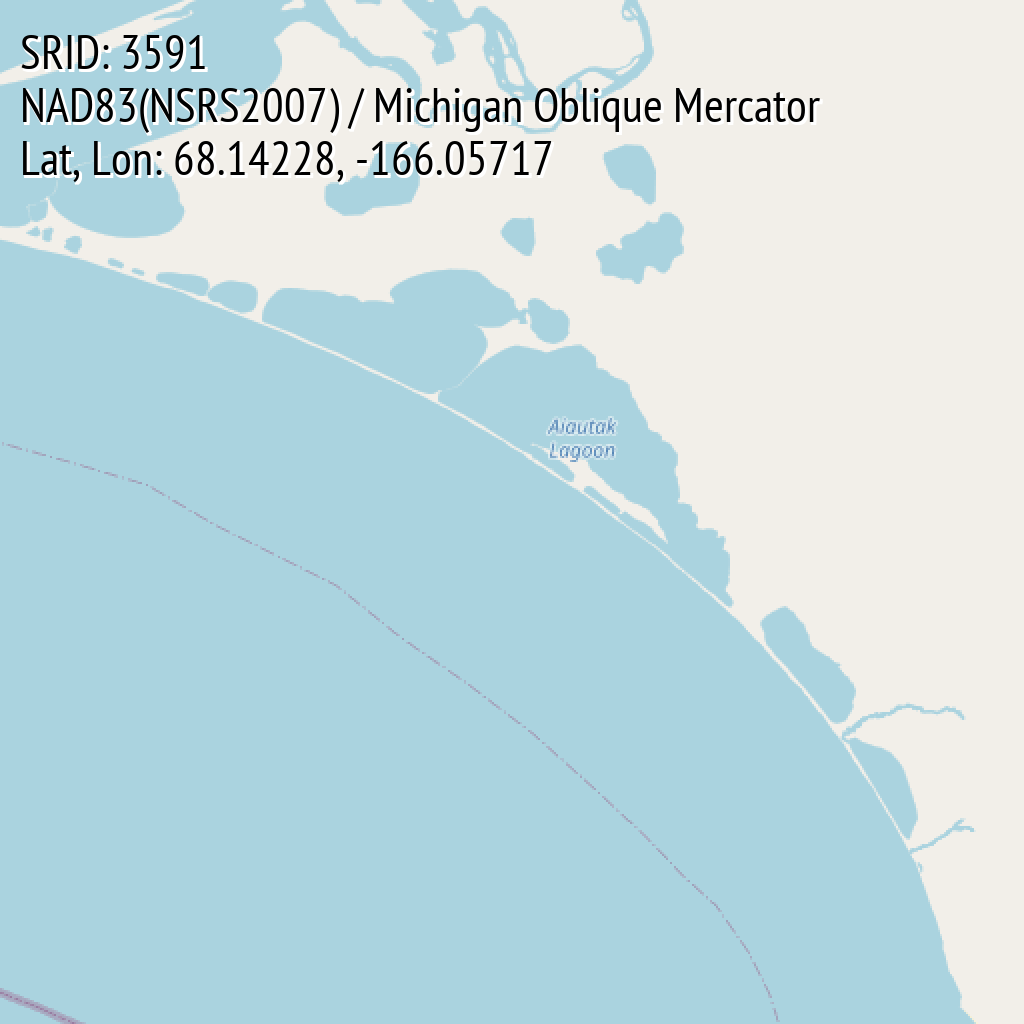 NAD83(NSRS2007) / Michigan Oblique Mercator (SRID: 3591, Lat, Lon: 68.14228, -166.05717)