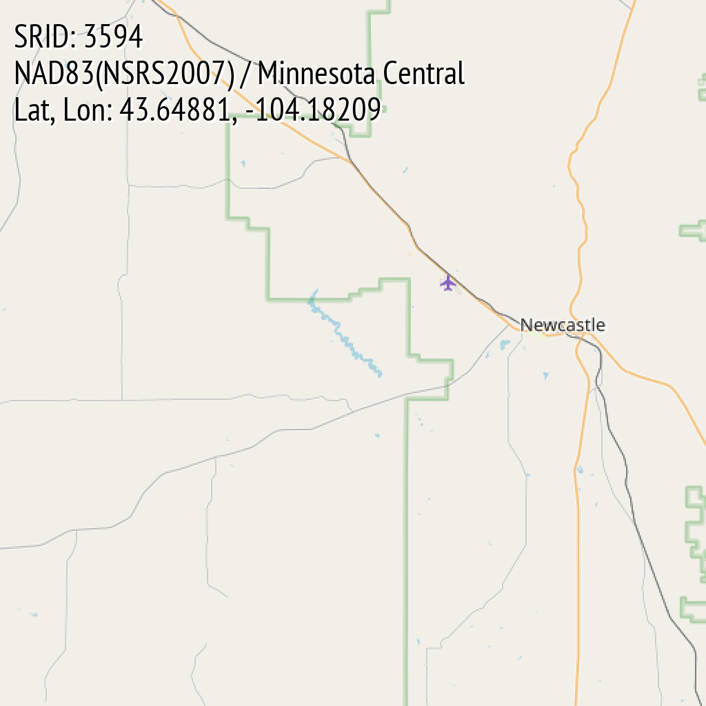 NAD83(NSRS2007) / Minnesota Central (SRID: 3594, Lat, Lon: 43.64881, -104.18209)
