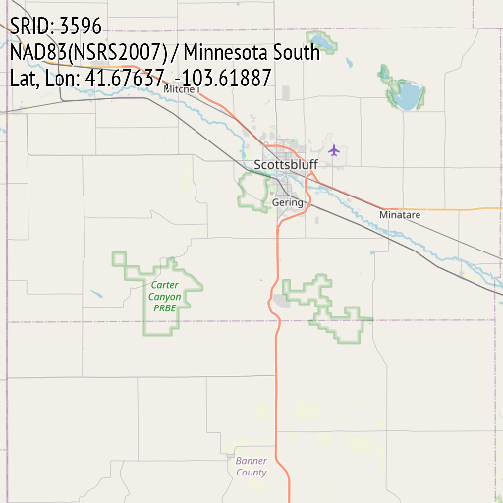NAD83(NSRS2007) / Minnesota South (SRID: 3596, Lat, Lon: 41.67637, -103.61887)