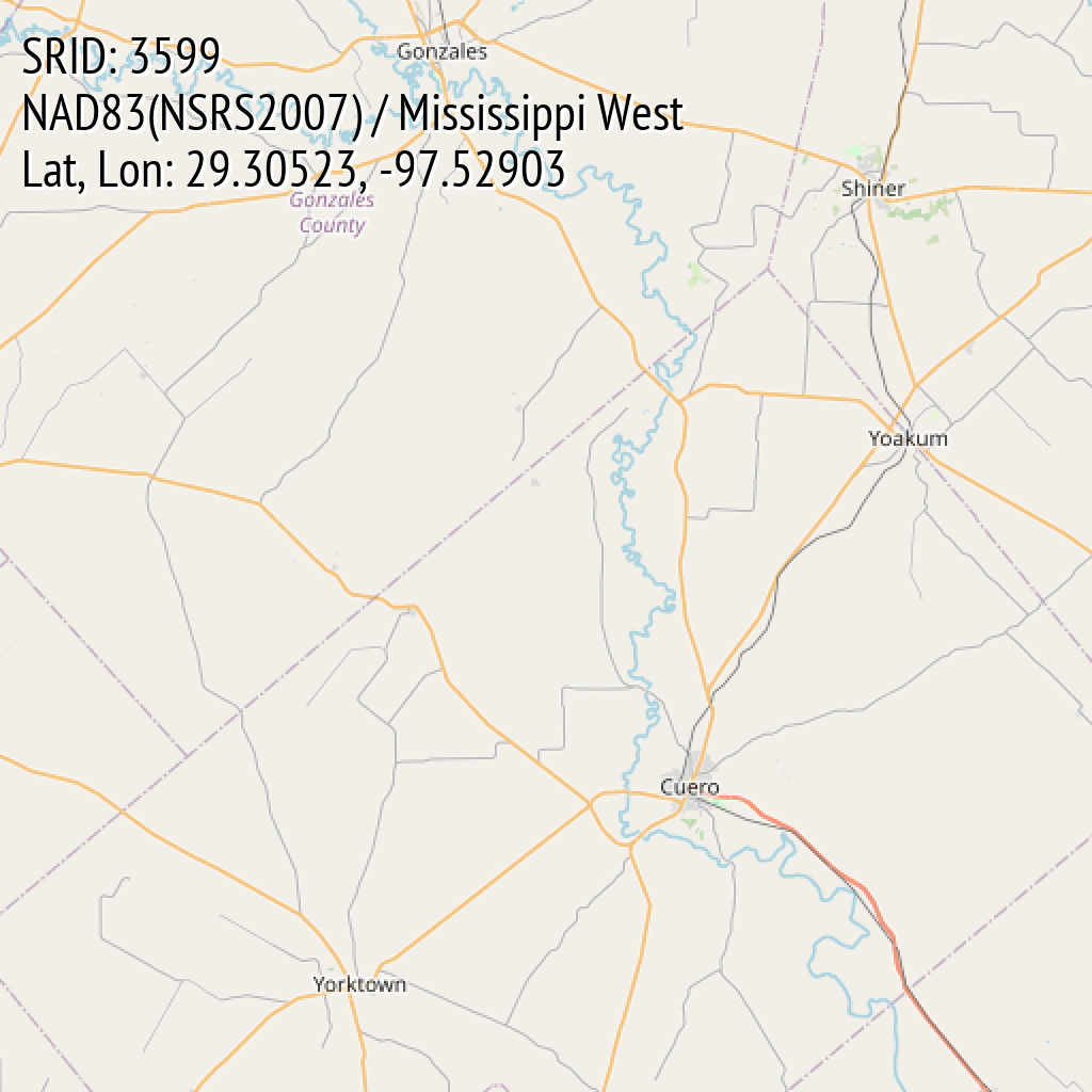 NAD83(NSRS2007) / Mississippi West (SRID: 3599, Lat, Lon: 29.30523, -97.52903)