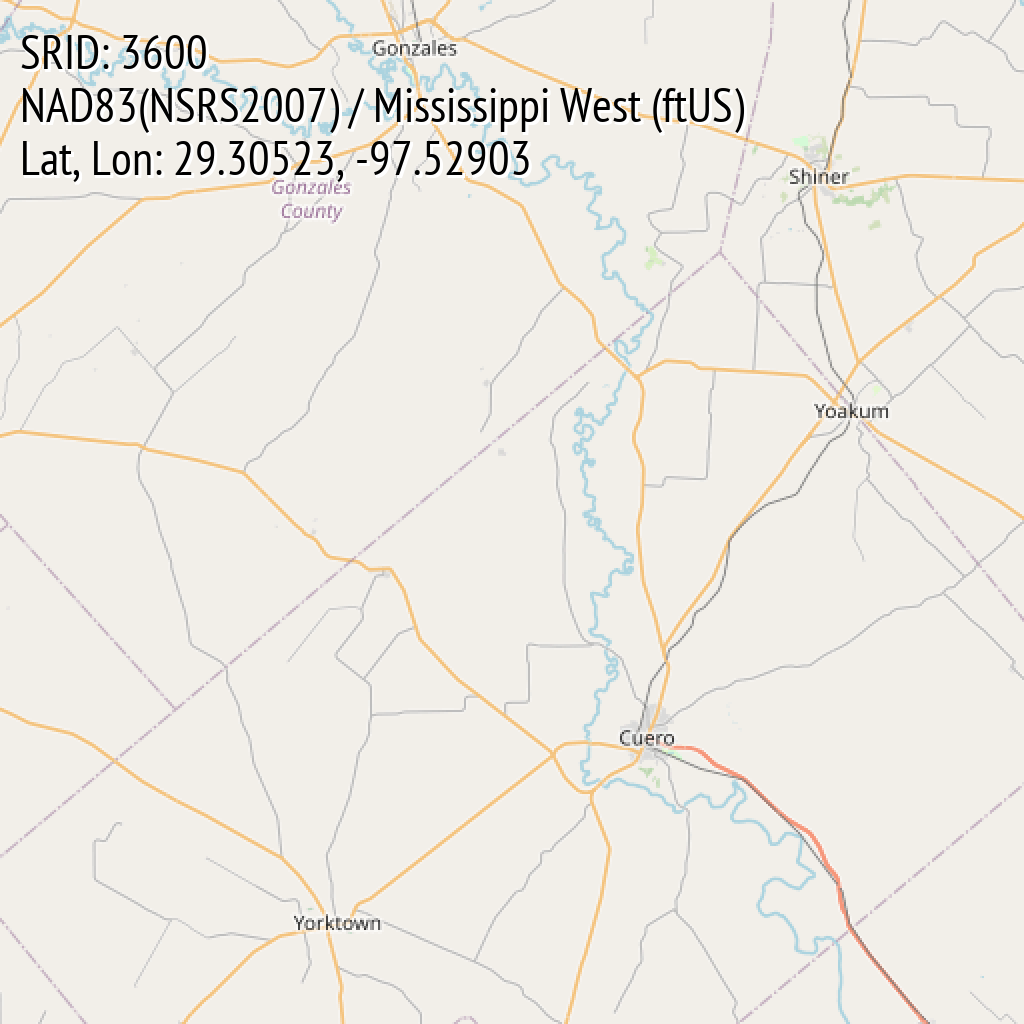 NAD83(NSRS2007) / Mississippi West (ftUS) (SRID: 3600, Lat, Lon: 29.30523, -97.52903)