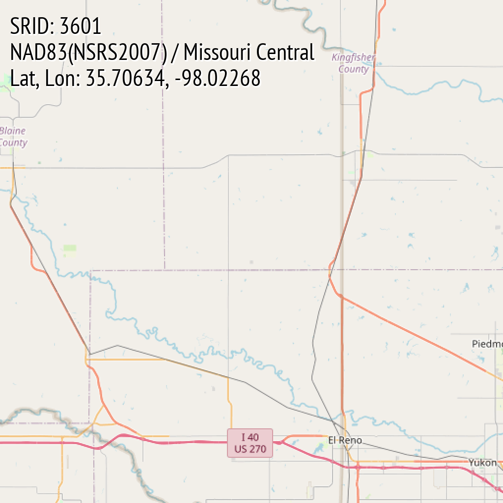 NAD83(NSRS2007) / Missouri Central (SRID: 3601, Lat, Lon: 35.70634, -98.02268)