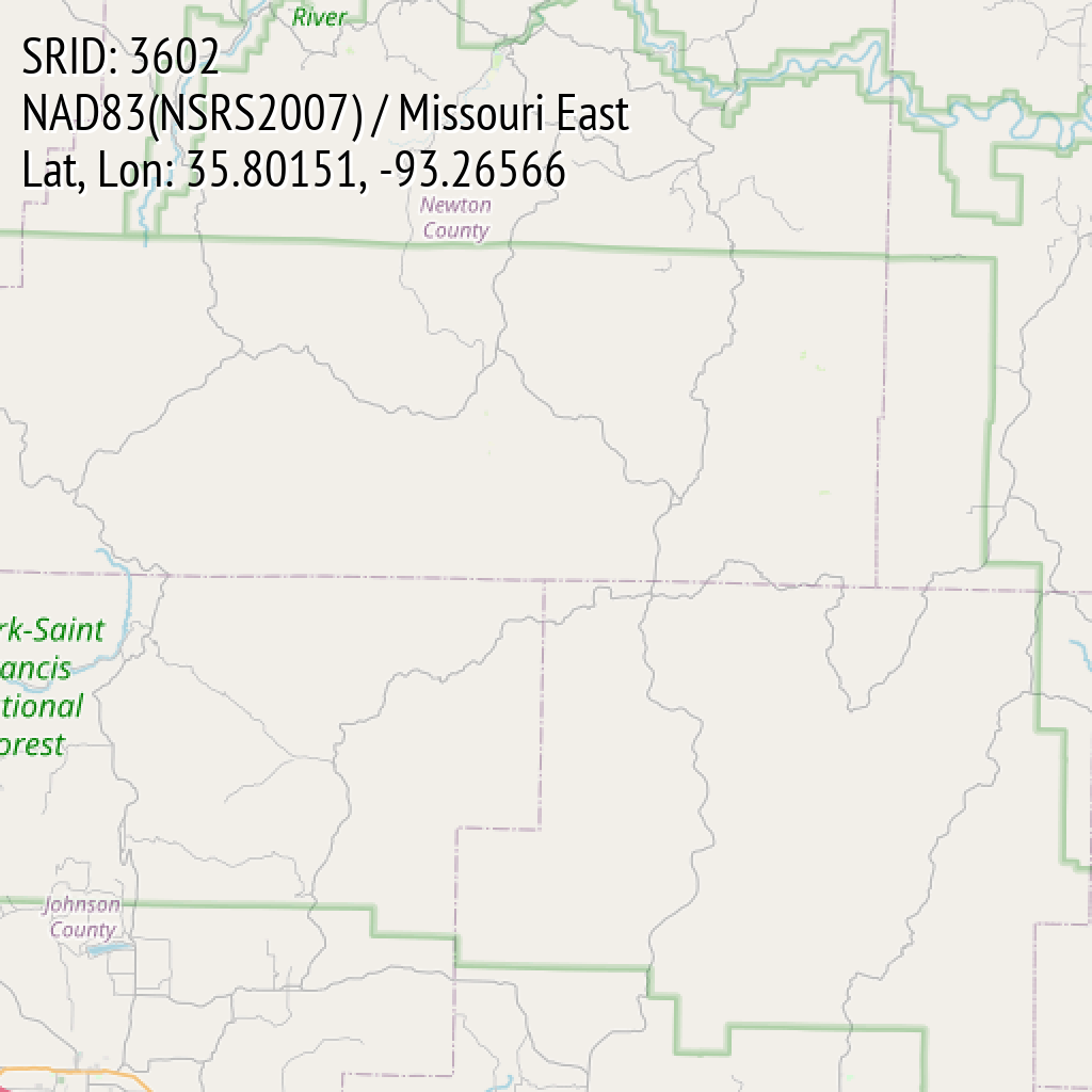 NAD83(NSRS2007) / Missouri East (SRID: 3602, Lat, Lon: 35.80151, -93.26566)