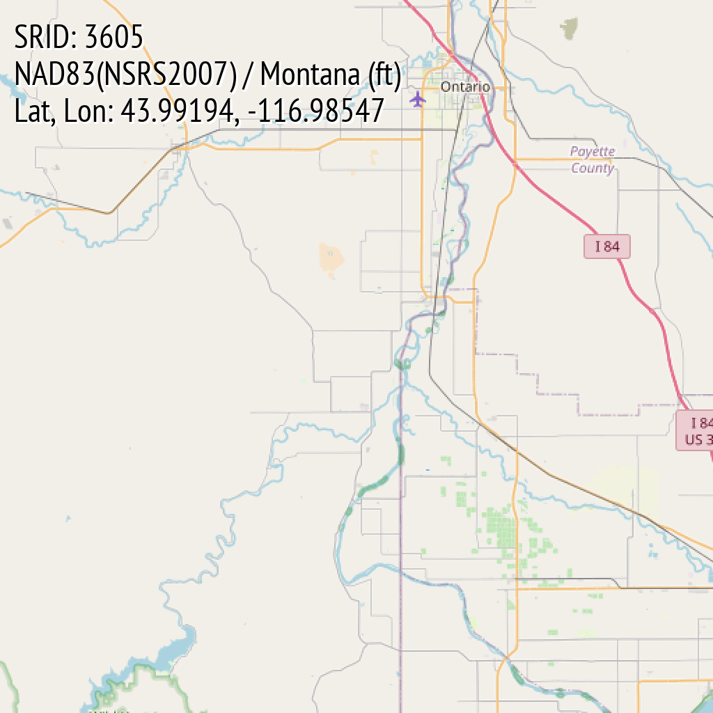 NAD83(NSRS2007) / Montana (ft) (SRID: 3605, Lat, Lon: 43.99194, -116.98547)
