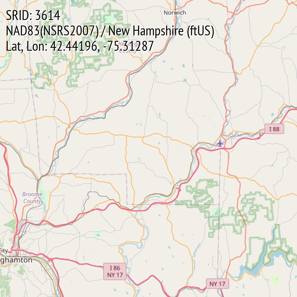 NAD83(NSRS2007) / New Hampshire (ftUS) (SRID: 3614, Lat, Lon: 42.44196, -75.31287)
