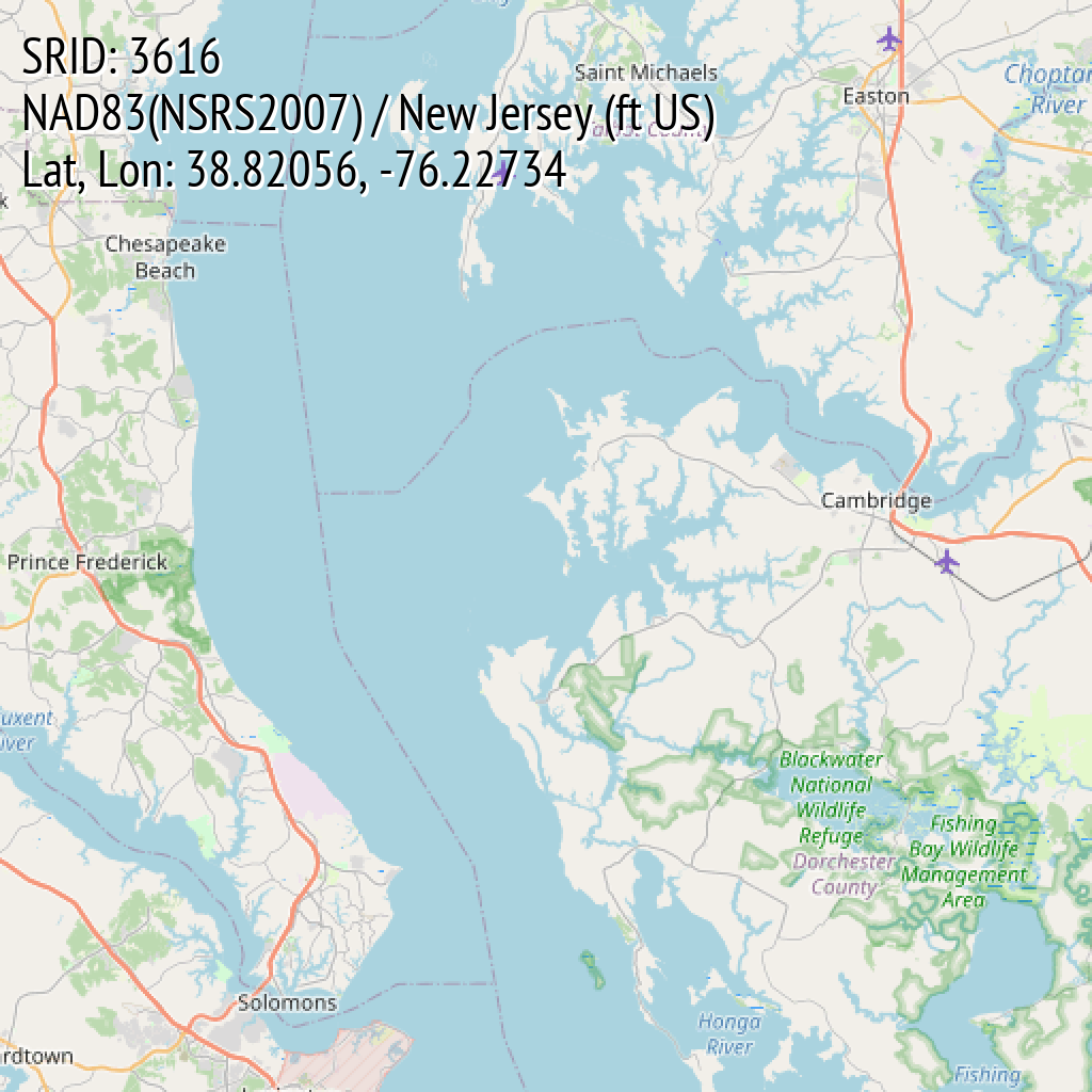 NAD83(NSRS2007) / New Jersey (ft US) (SRID: 3616, Lat, Lon: 38.82056, -76.22734)