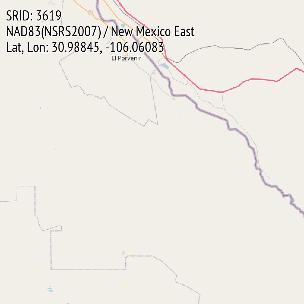 NAD83(NSRS2007) / New Mexico East (SRID: 3619, Lat, Lon: 30.98845, -106.06083)