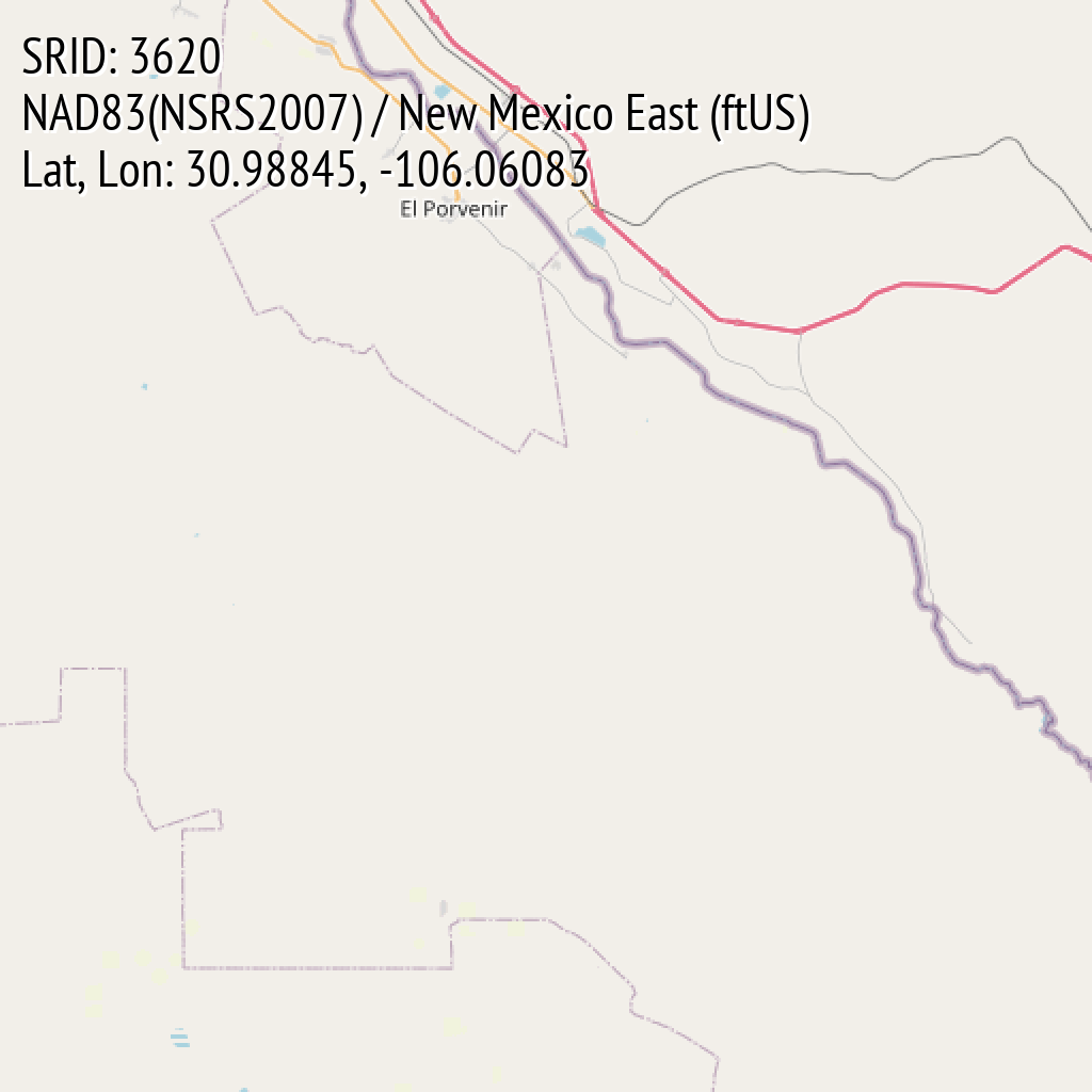 NAD83(NSRS2007) / New Mexico East (ftUS) (SRID: 3620, Lat, Lon: 30.98845, -106.06083)