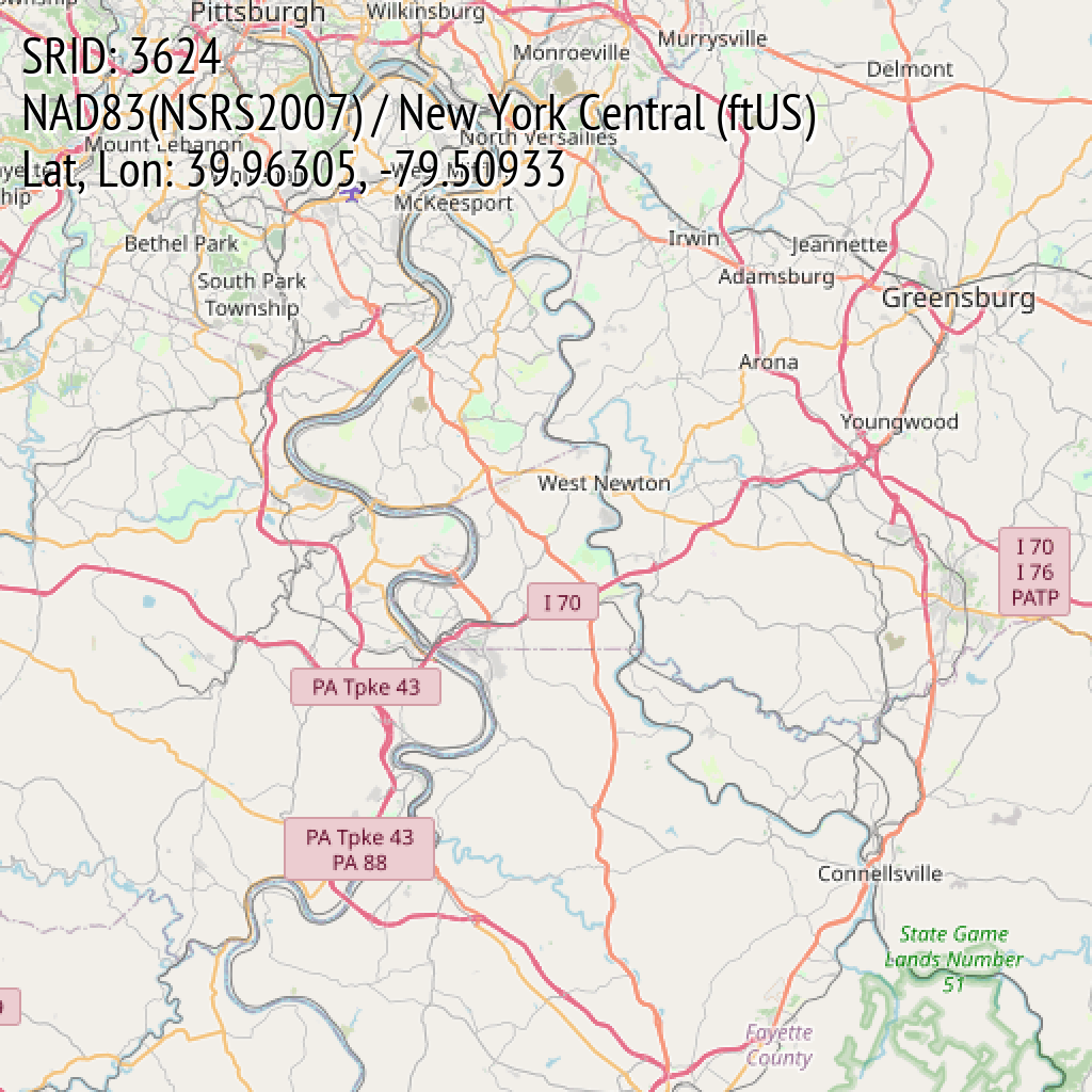 NAD83(NSRS2007) / New York Central (ftUS) (SRID: 3624, Lat, Lon: 39.96305, -79.50933)