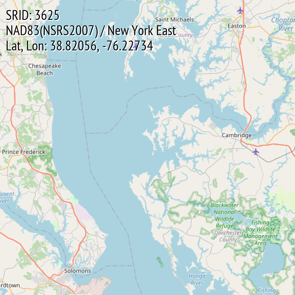 NAD83(NSRS2007) / New York East (SRID: 3625, Lat, Lon: 38.82056, -76.22734)