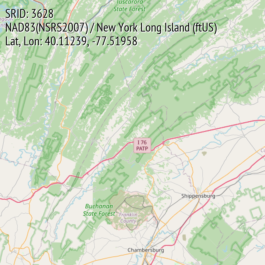 NAD83(NSRS2007) / New York Long Island (ftUS) (SRID: 3628, Lat, Lon: 40.11239, -77.51958)