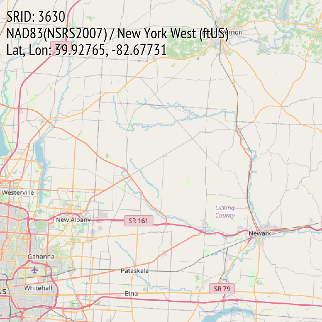 NAD83(NSRS2007) / New York West (ftUS) (SRID: 3630, Lat, Lon: 39.92765, -82.67731)