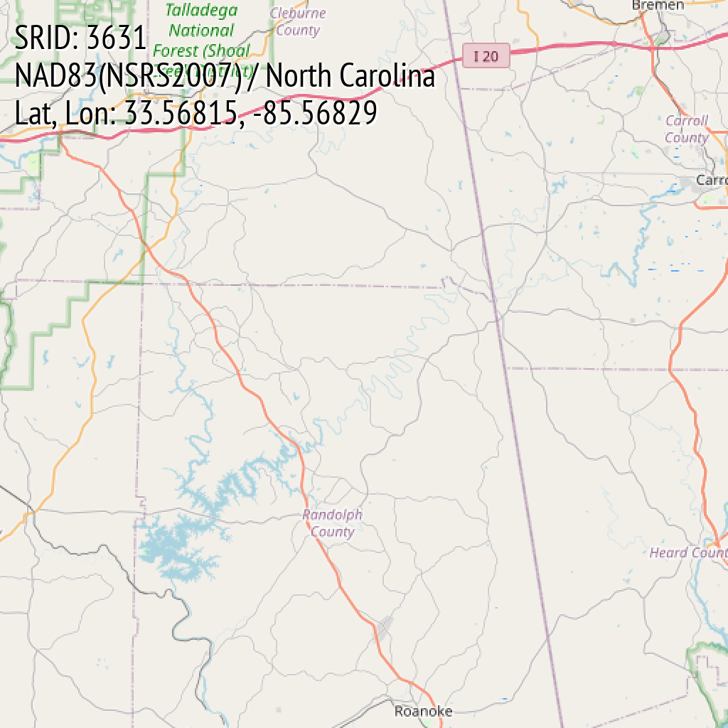 NAD83(NSRS2007) / North Carolina (SRID: 3631, Lat, Lon: 33.56815, -85.56829)