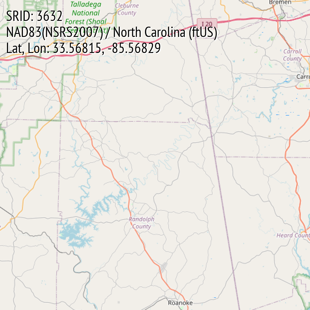 NAD83(NSRS2007) / North Carolina (ftUS) (SRID: 3632, Lat, Lon: 33.56815, -85.56829)