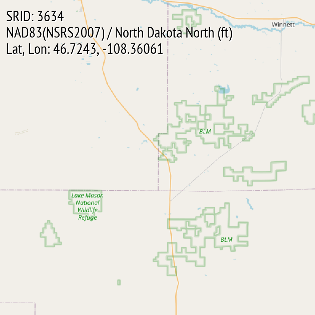 NAD83(NSRS2007) / North Dakota North (ft) (SRID: 3634, Lat, Lon: 46.7243, -108.36061)