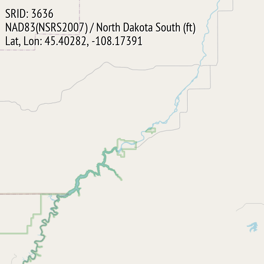 NAD83(NSRS2007) / North Dakota South (ft) (SRID: 3636, Lat, Lon: 45.40282, -108.17391)