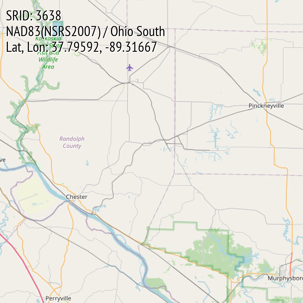 NAD83(NSRS2007) / Ohio South (SRID: 3638, Lat, Lon: 37.79592, -89.31667)
