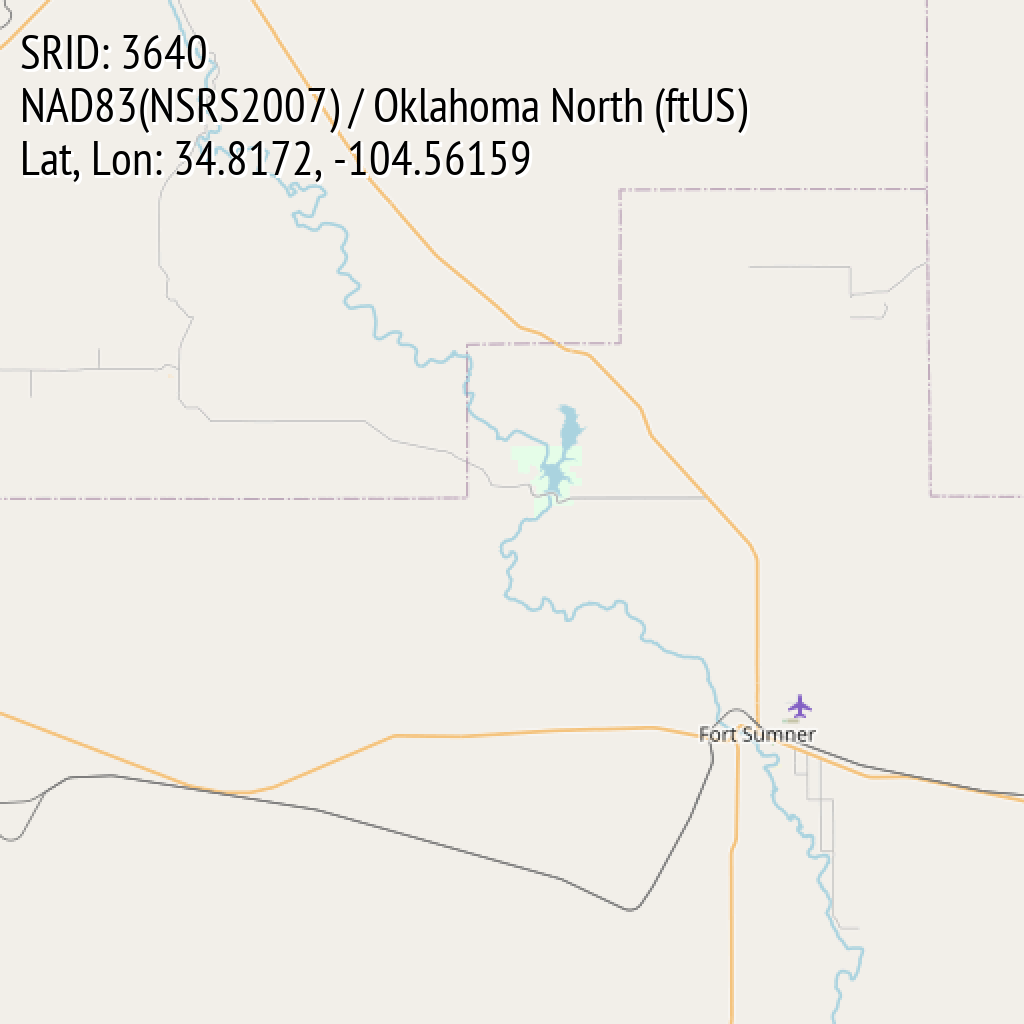 NAD83(NSRS2007) / Oklahoma North (ftUS) (SRID: 3640, Lat, Lon: 34.8172, -104.56159)