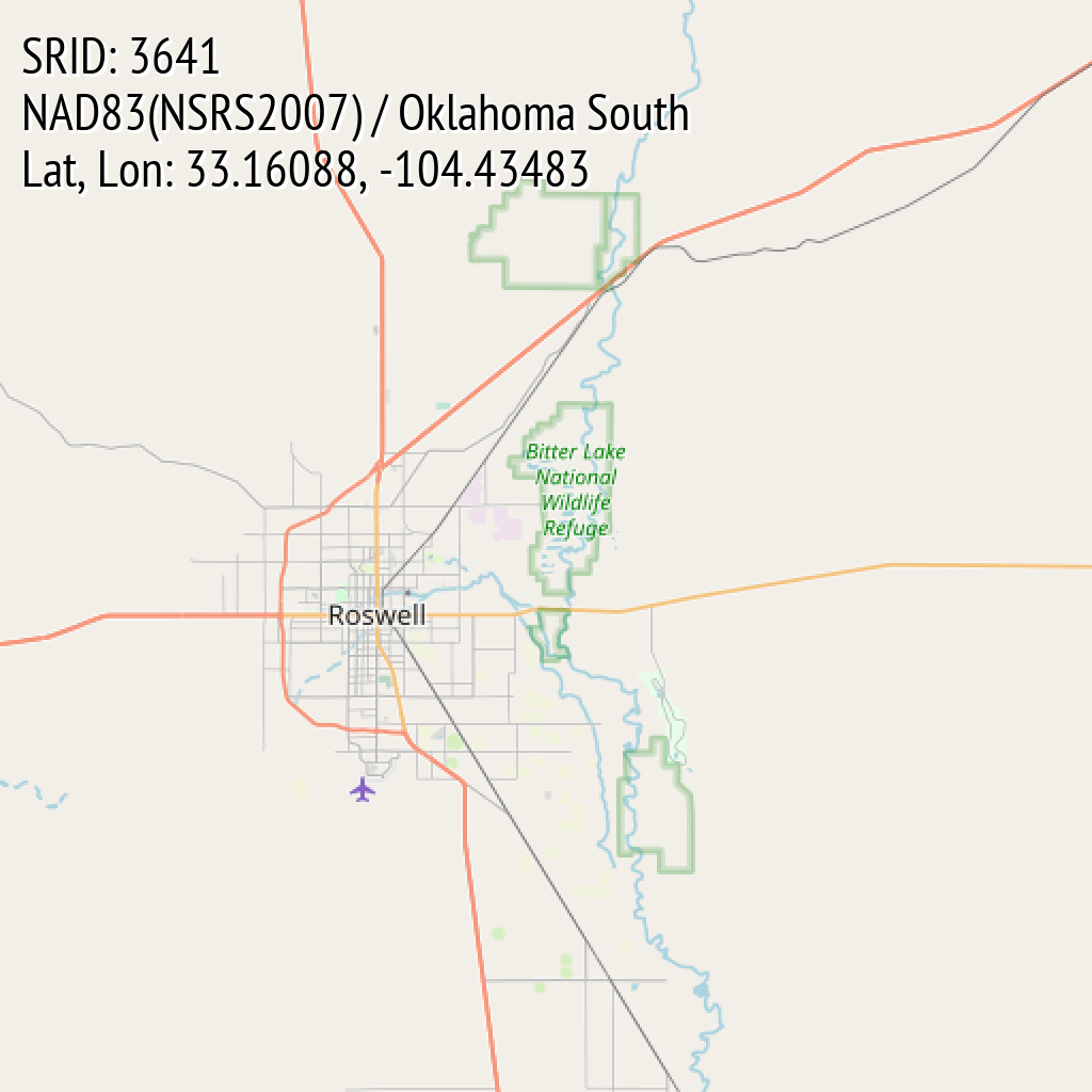 NAD83(NSRS2007) / Oklahoma South (SRID: 3641, Lat, Lon: 33.16088, -104.43483)