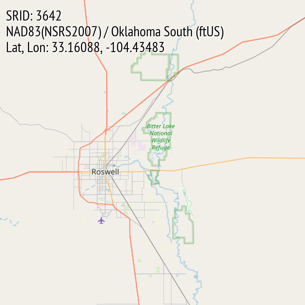 NAD83(NSRS2007) / Oklahoma South (ftUS) (SRID: 3642, Lat, Lon: 33.16088, -104.43483)