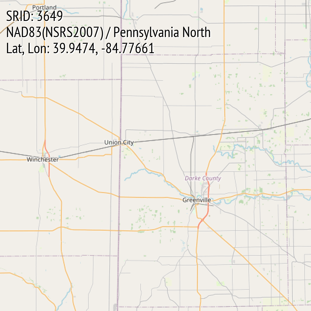 NAD83(NSRS2007) / Pennsylvania North (SRID: 3649, Lat, Lon: 39.9474, -84.77661)